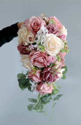 8.7 Inch Cascading Wedding Bouquet for Bride with Artificial Dusty Rose Flower Greenery Rustic Waterfall Cascade Bridal Wedding Bride Bridesmaid Bouquet Dusty Pink - color: Dusty Rose