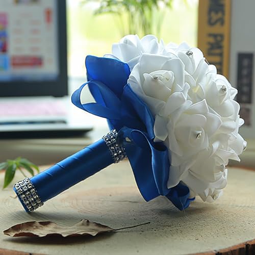 Wedding Bouquets for Bride, Bridal Flowers for Wedding, Bride Bridesmaid Hand Flowers Bridal Bouquet Crystal Diamond Silk Roses, Artificial Flowers Bouquet for Church Wedding Party (Blue) - color: Blue