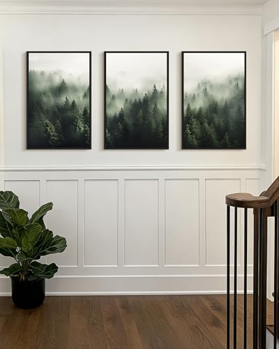 PHOPAGO Green Fog Pine Tree Framed Wall Art Large 16x24in Nature Misty Nordic Forests Artwork Morden Paints for Living Room Home Office Decor - Black Framed - color: Green Pine Forest, size: 24L" x 16W" x 3 Pcs Black