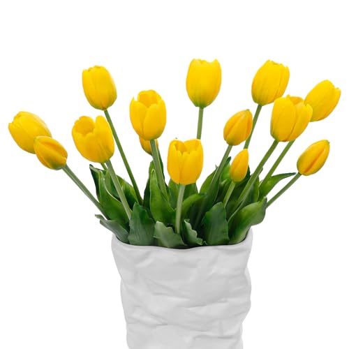 15 Pcs Yellow Artificial Tulips Fake Flowers, Premium Latex Lifelike Texture, UV Resistant Waterproof Faux Tulip Bouquets with Snap-on Petals for Outdoor, Home, Wedding Decor - color: Yellow