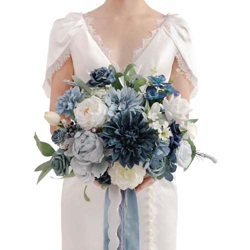 TINGE TIME 11 Inch Wedding Bouquets for Bride, Dustyblue Artificial Flowers Bouquet, Brides & Bridesmaids Bouquet for Wedding Anniversary Ceremony Bridal Shower Decorations - color: Dusty Blue