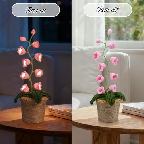 Lily of The Valley Lamp, Crochet Artificial Flowers with 10 Little Night Lights, Cordless Flower Bedside Lamps Small Table Lamp for Mothers Day,Birthday Gifts,Christmas,Valentine Home Decor (Pink) - color: Pink