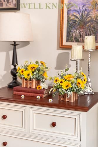 WELL KNOWN Artificial Sunflower Plants in Wooden Baskets, Faux Sunflower and Mini Wild Flowers Arrangement in Planter for Home Hotel Office Table Centerpieces & Gift (Set of 2) - color: Sunflowers