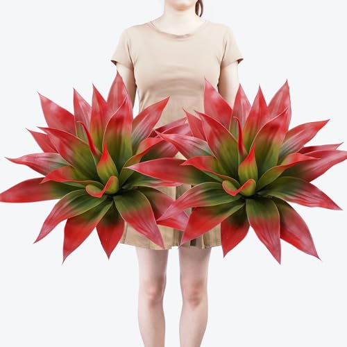 Ttranewsoo Artificial Agave Plants,Large UV Resistant Fake Agave Planters for Indoor and Outdoor Decorating Tropical Plant Succulents Greenery Indoor Decor (2Pack,22" Red) - color: Red