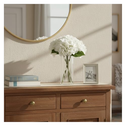 Artificial Hydrangea with Ribbed Glass Vase, 4 Stems, 12" | Real Touch Latex Faux Flowers, 10" Bloom Dia, Maintenance Free, for Table Centerpiece, Home Wedding Office Decor