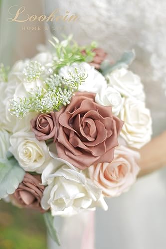 Lookein 10 Inch Wedding Bouquet for Bride Artificial Flowers Birdal Bouquet Tossing Bouquet for Wedding Ceremony Anniversary Bridal Shower, French Dusty Rose - color: 10" French Dusty Rose