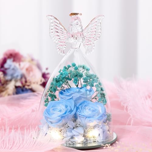 Mothers Day Rose Gifts for Women Preserved Real Flower in Glass Angel Figurines Roses for Delivery Prime Birthday Gifts for Mom Grandma Girlfriend Wife Her, Sky Blue White - color: Sky Blue White