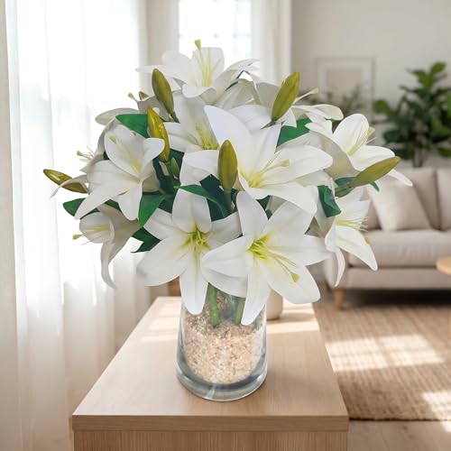 ATFL Artificial Lilies Flowers,9 Pcs Faux Lily Flowers,16''Tiger Lily Branches with 2 Full Blooms and 1 Bud,Faux Fake Lilies Plants for Wedding Bouquet Floral Arrangements (9, White) - color: White