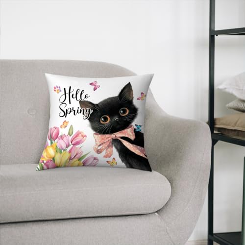 Fokongna Hello Spring Black Cat Pillow Covers 18 x 18 Inch, Cats Lovers Lady Gifts Cat Elder ister, Younger Sister, Mother Gifts, Floral Cats Decorative Pillow Covers Spring Summer Couch Pillowcase - color: Hello Spring