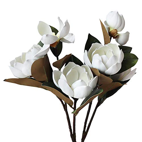 LIUCOGXI Vintage Artificial Magnolia Flower White 6 Heads,Long Stem Magnolia Bouquet with Green Leaves Arrangement for Home Office Living Room Bedroom Floor Vase Decoration - color: White