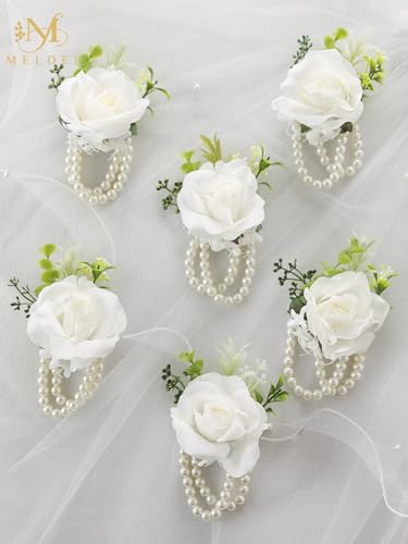 White Ivory Rose Wrist Corsage, Set of 6, Wedding Bridal Flower Corsage Hand Decor for Prom Party Homecoming, Wristband Flowers Bride, Bridesmaid, Girl - color: White#2 Wrist Corsage ( Set of 6)