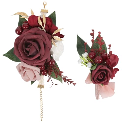 2Pcs Wedding Corsage and Boutonniere Set Burgundy Rose Corsage Wristlet and Boutonniere for Men Women Groom Bride Bridesmaid Groomsmen Wedding Party Accessory Prom Decoration (Burgundy) - color: Burgundy
