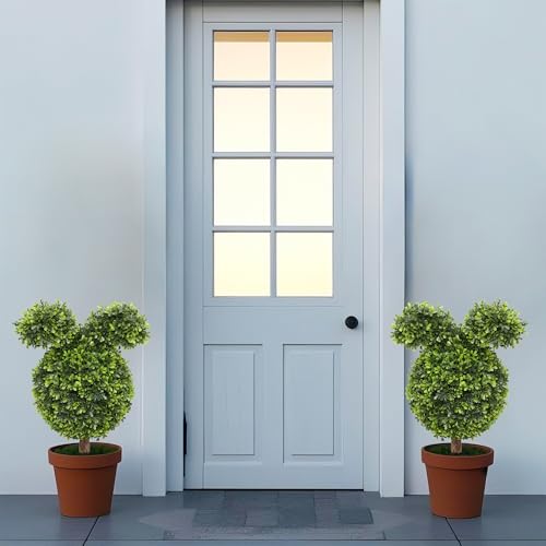 Damomo 27'' Artificial Bunny Shaped Topiary Trees with Ground Spike Set of 2, Outdoor Indoor Faux Boxwood Topiary Ball Bushes Potted Fake Shrubs Front Porch Decor Outside Garden - size: 27 inch