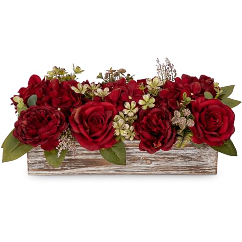 Flower Arrangement with Wooden Vase 14" Artificial Flowers in Pot - Fake Flowers Roses Peonies Hydrangeas in Wooden Vase Potted Artificial Flower Centerpieces for Table Decor Living Room - Red - color: 14"l Burgundy Red