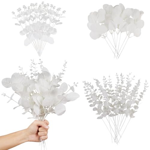 120 Pcs Artificial Eucalyptus Leaves Stems Bulk – 3 Styles Mixed Faux Silver Dollar Eucalyptus Leaves, DIY Fake White Stems for Wedding Bouquets, Floral Arrangements, Centerpieces & Home Decor - color: White Eucalyptus-120pcs