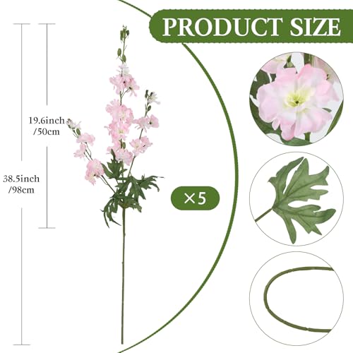 Light Pink Delphinium Artificial Flowers 5 PCS, 38.5" Tall Flowers for Floor Vase Pink Silk Flowers Realistic Artificial Snapdragon for Wedding Home Party Centerpiece for Table - color: Light Pink