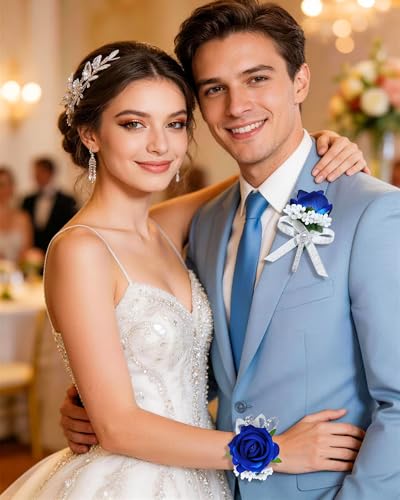 2Pcs Royal Blue Rose Corsage and Men Boutonniere Set Women Wristlet Band Wrist Bracelets, for Prom Wedding Ceremony Flowers Decorations and Homecoming Party Accessories - color: Royal Blue, size: 1 Boutonniere & 1 Wrist Corsage