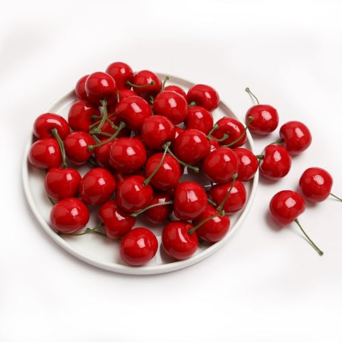 50PCS Lifelike Artificial Red Cherries-Decorated with Small Fake Fruits, Used for Cake Ingredients, Food Display, Handicrafts and Central Decoration-are Vibrant and Reusable - color: Red Cherry