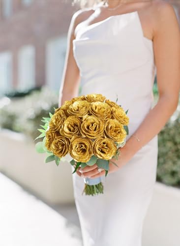 Gold Roses,30PCS Glitter Roses Bouquet Artificial Roses with Stems for Wedding Bouquet Party Christmas Home Decor(Gold) - color: Gold