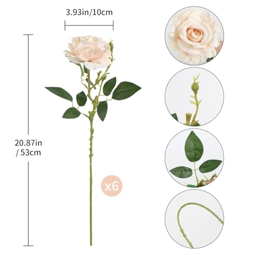 Velvet Roses Artificial Flowers 6Pcs Real Touch Roses Champagne Fake Roses with Stems for Wedding Bouquet Home Party Garden Outdoor Decoration(Champagne) - color: Champagne