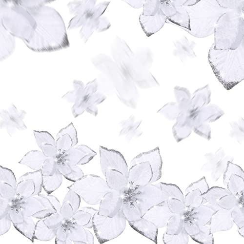 Geosar 100 Pcs 3 Size Christmas Poinsettia Flowers with Clips Glitter Artificial Flowers Small Christmas Tree Ornaments Faux for Xmas Party DIY Craft Wreath Garland New Year, 3/4/6 Inches(White) - color: White