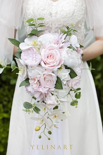 10 Inch Blush Wedding Bouquets for Bride Artificial Roses Flower Cascading Cascade Bridal Bouquet for Rustic Boho Fall Vintage Wedding Ceremony Party and Anniversary - color: Blush