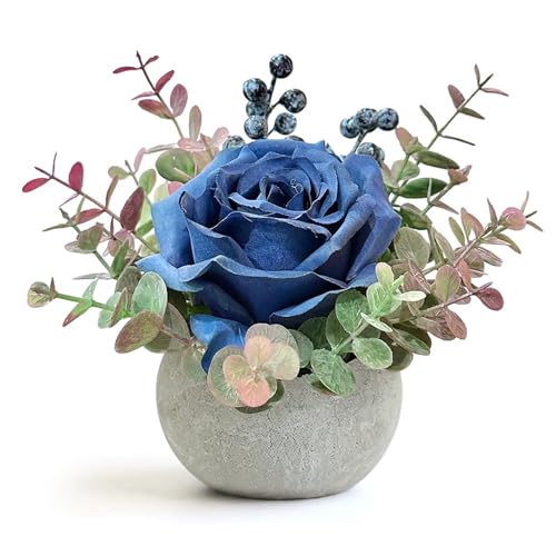 Artificial Flowers in Pots, Blue Rose Small Potted Plants Fake Flowers in Vase Blue Table Decor for Office Bathroom Living Room Party Wedding - color: 1 Pack Blue Rose