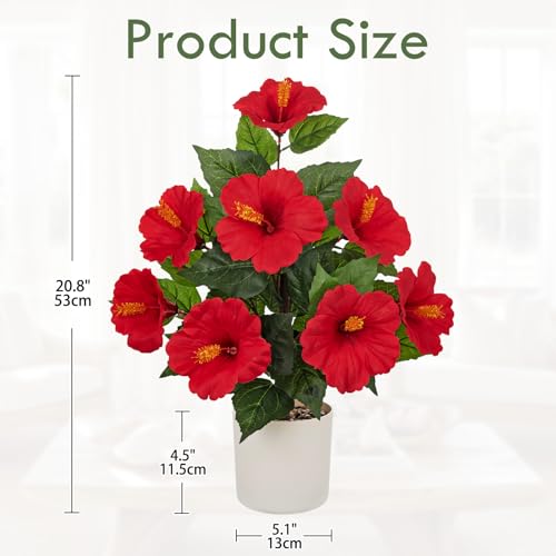 Briful Artificial Hibiscus Potted Plant 20.8” Tall, Realistic Silk Hibiscus Flowers Farmhouse Table Decor, Faux Tropical Flower Plant in Pot for Living Room Table, Entryway, Office, Home Decor, Red - color: 20.8'' Red