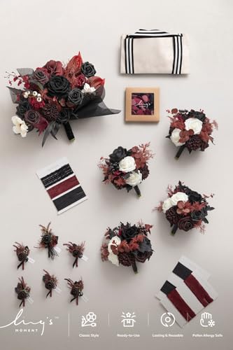 Ling's moment Wedding Artificial Flowers Package, Bridal Bouquet, Bridesmaid Bouquets, Boutonniere for Men, Rose Petals.Black Baccara Red - color: Red-black Baccara & Red