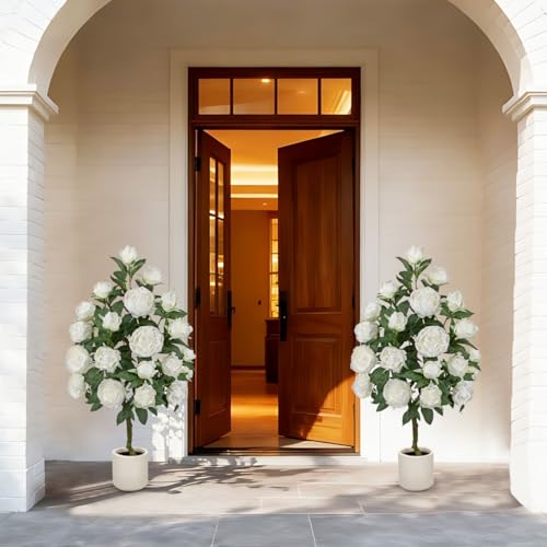 Hollyone White Fake Peonies Tree 4FT Peonies Artificial Flowers Tree in Pot Faux Peony Plants & Flowers in Planter Greenery Potted Plant Indoor Outdoor Front Door Porch Home Decor - color: 4ft - White