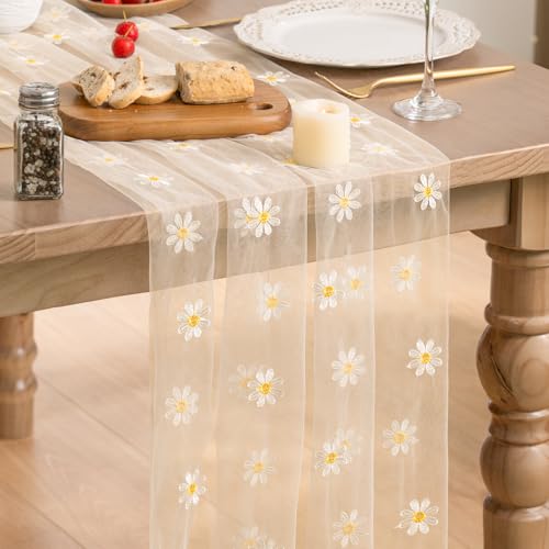 Artoid Mode Beige Apricot Daisy Gauze Embroidery Table Runner 120 Inch 10FT, Tulle Seasonal Spring Kitchen Dining Holiday Table Decor for Home Party - color: Beige Apricot