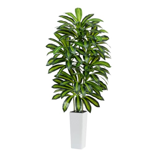 Artificial Dracaena Tree - 7FT Tall Fake Plants with White Tall Planter - Artificial Plants Indoor Floor Plant in Pot - Large Tropical Fake Yucca Potted Tree for Home Office Living Room Decor - color: White, size: 7 FT