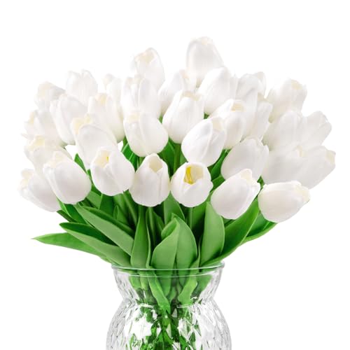 U'Artlines 30Pcs Fake Tulips Artificial Flowers with Stems Faux Tulips Bouquet Real Touch Flower for Wedding Home Kitchen Spring Easter Mother's Day Floral Arrangement Decor (White) - color: White