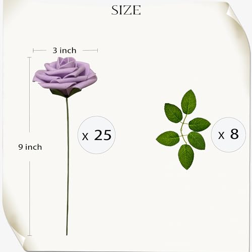 Artificial Roses Flowers 25Pcs Real Touch Roses with Stem Foam Fake Roses for DIY Wedding Bouquets Centerpieces Arrangement Party Baby Shower Home Decorations (Purple) - color: Purple