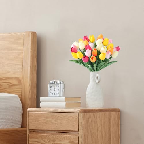 SITUMEIZI Fake Flowers Tulips Artificial PU Flower 15pcs Real Touch 14" for Spring Easter Home Kitchen Wedding Bouquet Bulk Mother's Gift Day Decorations(Multicolor,5-1) - color: Rose Red,sunset Red,beige,light Pink,yellow