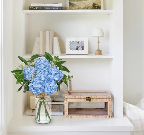 Hollyone Blue Hydrangea Artificial Flowers in Clear Glass Vase with Faux Water Silk Hydrangeas Fake Flowers Floral Arrangement for Home Bathroom Kitchen Office Table Centerpiece Shelf Decorations - color: Blue