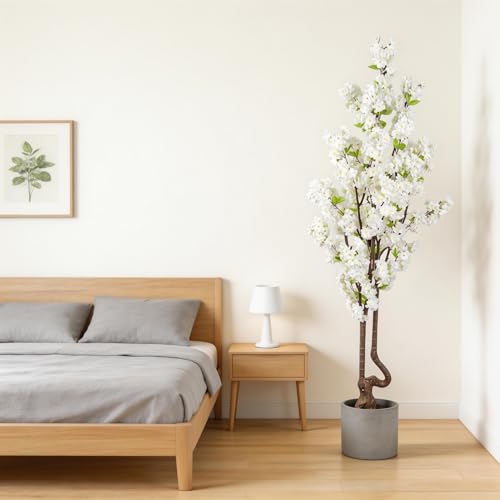 7.2 ft White Artificial Cherry Blossom Tree, Nearly Nature Faux Silk Flower Tree Indoor, Fake Realistic White Flowering Tree for Christmas New Year Home Decor - color: White-ap15