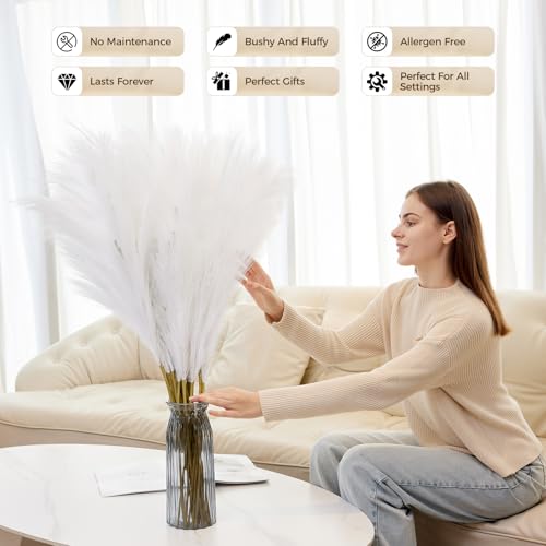 10 Pcs 39''/3.2FT Faux Pampas Grass Decor, Large Tall Fluffy Artificial Fake Flower, Bedroom Decor Boho Decor Pompas Floral for Vase Filler Farmhouse Home Wedding Decor (White) - color: White