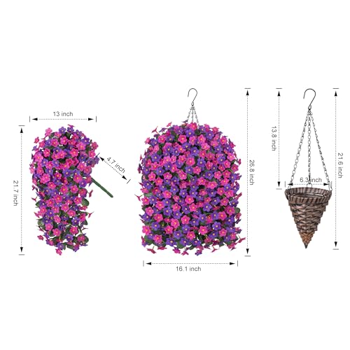 Artificial Fake Hanging Flowers with Basket for Outdoor Decoration,UV Resistant Faux Silk Daisy Flowers Dark Purple and Fuchsia Orchid Vines in Planter Realistic Hanging Baskets for Home Porch Garden - color: Dark Purple+fuchsia Daisy