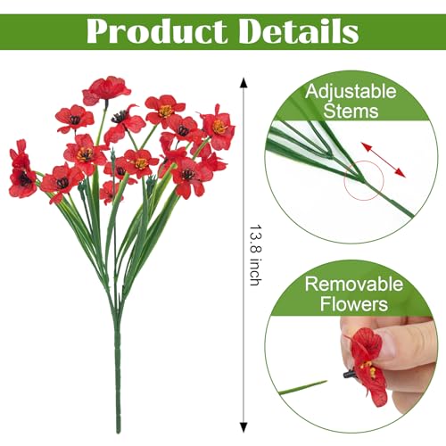 Bassion 24 Bundles Artificial Flowers for Outdoors Decoration, UV Resistant Red Silk Fake Faux Flowers Artificial Plants for Outside Window Box Porch Garden Home Decor - color: Red