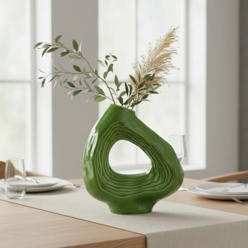 Sunddo Donut Ceramic Flower Vase, Green Modern Vase for Flowers, Boho Style Decorative Vases for Living Room, Bookshelf, Mantle Entryway, Table or Console Décor, 9 Inch - color: Green, size: 9 inch