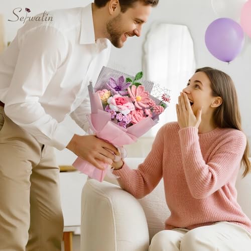 Serwalin Crochet Flower Bouquet,Pink Knitted Flowers,Roses Crochet Flowers for Mother’s Day Lover Wedding Anniversary Birthday Valentine Day Back-to-School or Graduation Ceremonies Gift (with Card) - color: Athens Pink and Purple