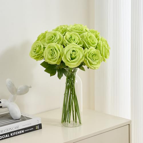 15pcs Green Fake Roses Artificial Silk Flowers Faux Rose Flower Long Stems Bouquet for Arrangement Wedding Centerpiece Party Home Kitchen Decor - color: 15pcs Green
