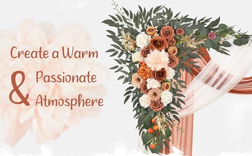 Wedding Arch Flowers with Drapes Kit (Pack of 4) - 2pcs Artificial Terracotta Deluxe Swag with 2pcs Sheer Drapes for Wedding Ceremony Arbor Reception Backdrop Rose Floral Decoration - color: Terracotta