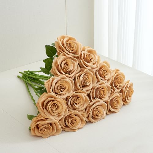 15pcs Fake Roses Artificial Silk Flowers Faux Rose Flower Long Stems Bouquet for Arrangement Wedding Centerpiece Party Home Kitchen Decor - color: 15pcs Tan