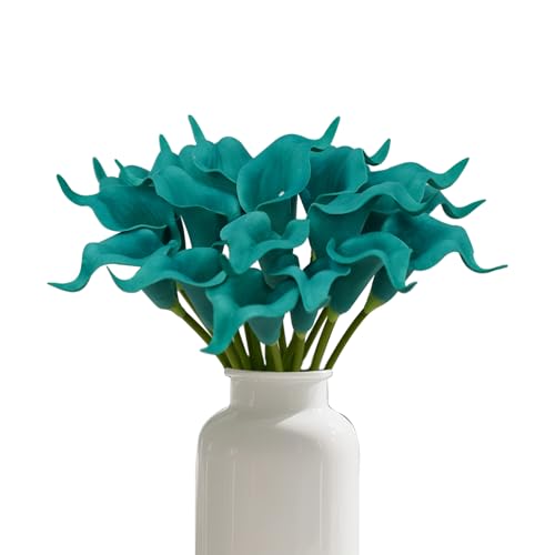 20Pcs PU Calla Lily Artificial Flowers Indoor Fake Flowers Artificial Realistic Fake Flowers for Wedding Bouquet Home Decoration Faux DIY Party Living Room Bed Room Kitchen(Blue)