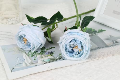 IPOPU Blue Roses Artificial Flowers 5PCS Real Touch Peonies Faux Austin Roses with Stems for Wedding Bouquet Party Home Decor (Blue) - color: Blue