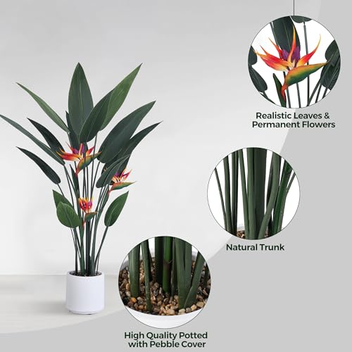 Jocoevol Artificial Bird of Paradise Plant 48in(4Ft) Tall Fake Banana Leaf Plant for Indoors and Outdoors, Artificial Flowers, Faux Palm Tree with Plastic Pot for Office and Home Decor - size: 4FT