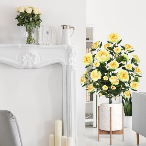 Lunmon 2 Pack 3ft Artificial Camellia Plants Tree 36" Faux Camellia Flower with Spike UV Resistant Realistic Fake Floral Blooming Bush for Indoor Outdoor Front Door Porch Backyard Garden, Yellow - color: Yellow, size: 3 ft