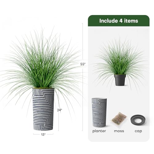 Artificial Tree in Modern Geometric Pattern Planter, Fake Onion Grass Silk Tree for Indoor and Outdoor Home Decoration - 55" Overall Tall (Plant Pot Plus Tree) - style: Onion Grass